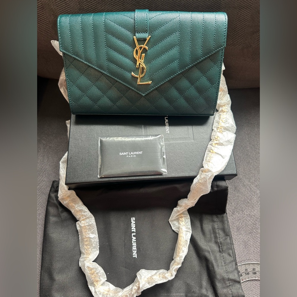 Saint Laurent Teal Quilted Wallet-On-Chain with Gold Logo RARE COLOR!